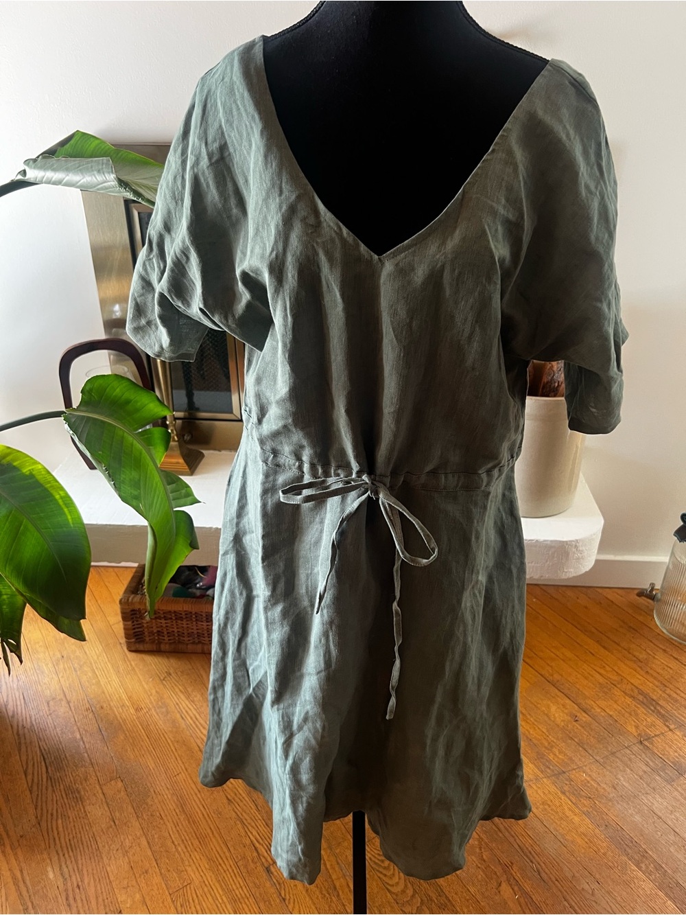 Hayati Olive Green Linen and Cotton Blend Dress with V-Neck